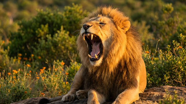 Majestic male lion yawning on a rock. Regal beast showing teeth in savannah.