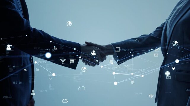 Business professionals shaking hands and a digital network. Digital transformation (DX), human resources, recruitment, data, transactions, management, and connections.