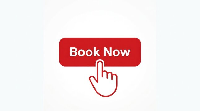 Online booking button. Hand clicking 'Book Now' web icon.