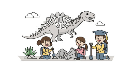 Children excavating dinosaur fossils in an outdoor setting © aldo