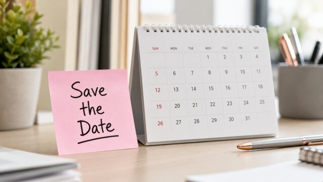 Pink sticky note with save the date message next to a calendar on office desk.