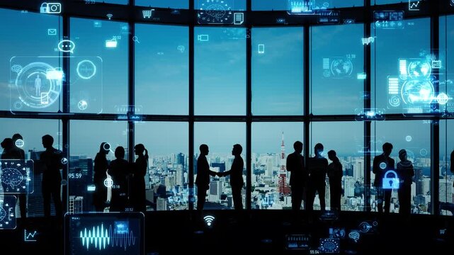 多国籍の人々とデジタルテクノロジー。DX、ビジネス、社会、企業、経営、経済、人材、企業、ネットワーク