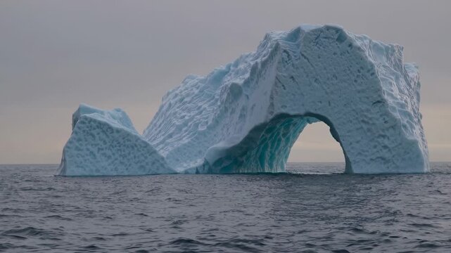 Iceberg with a prominent arch structure floats in calm ocean waters, showcasing intricate textures and shades of blue against a gray sky in a polar region