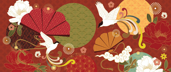 Obraz premium Japanese crane and peony floral background vector. Traditional folding fans, clouds and geometric wave motifs in red and gold for greeting cards, invitations, banners, wallpaper and packaging.