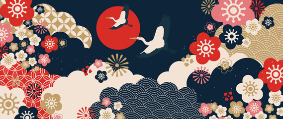 Japanese crane and plum blossom background vector. Flying birds, red sun, clouds and traditional geometric wave motifs on dark blue for fabric, wallpaper, packaging and greeting cards. © TWINS DESIGN STUDIO
