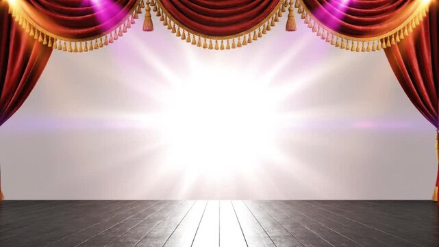 Luxurious velvet stage curtains opening to bright light and spotlighting a wooden floor for a performance or presentation