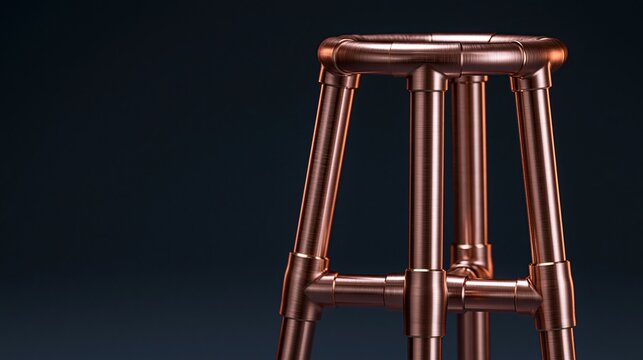 Handcrafted bar stool made of brushed connected copper pipes on dark blue background showcasing industrial style furniture design and plumbing craft concept