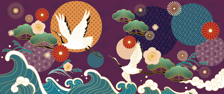 Japanese crane and ocean wave background vector. Flying birds, pine trees, plum blossoms and traditional geometric circles on purple background for wallpaper, fabric, packaging and greeting cards.