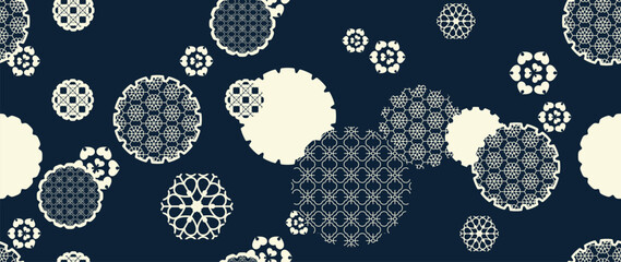 Plakat Japanese geometric circle pattern vector. White and gray floral lattice motifs on dark navy background for fabric, wallpaper, wrapping paper, packaging and textile print.