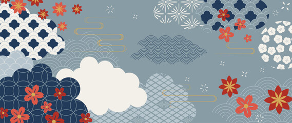 Plakat Japanese floral cloud pattern vector. Red maple blossoms, blue geometric waves and traditional circle motifs on gray background for fabric, wallpaper, packaging and greeting cards.