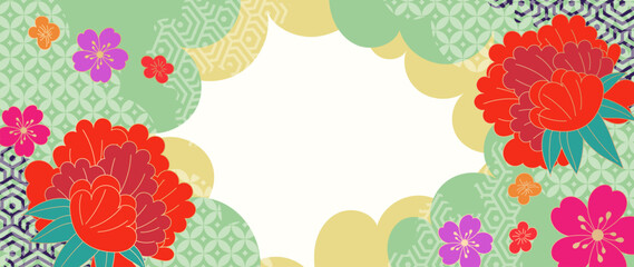 Fototapeta na wymiar Japanese peony floral frame vector. Red and pink flowers with colorful geometric circle motifs and blank white center for greeting cards, invitations, banners, posters and packaging.