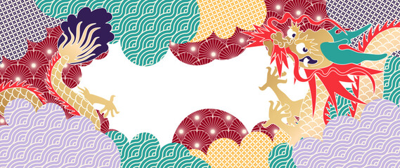 Obraz na płótnie Canvas Chinese dragon and phoenix frame vector. Traditional red, turquoise and gold geometric wave motifs with blank white center for festival invitation, greeting card, banner and poster.