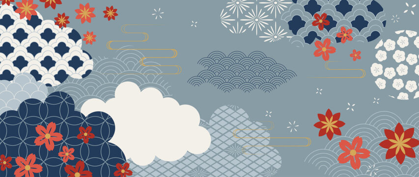 Japanese floral cloud pattern vector. Red maple blossoms, blue geometric waves and traditional circle motifs on gray background for fabric, wallpaper, packaging and greeting cards.