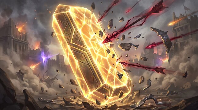 Glowing Golden Crystal Monolith Deflecting Energy Attacks in Ruins
