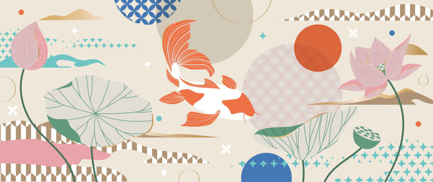 Japanese koi fish and lotus flower pattern vector. Orange and white carp, lotus leaves, geometric circles and abstract motifs on pastel beige background for fabric, wallpaper and packaging.