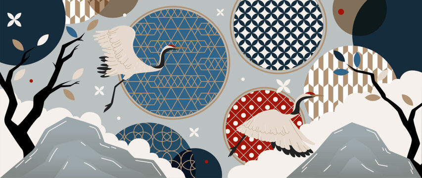 Japanese crane and plum blossom background vector. Flying birds, red sun, clouds and traditional geometric wave motifs on dark blue for fabric, wallpaper, packaging and greeting cards.