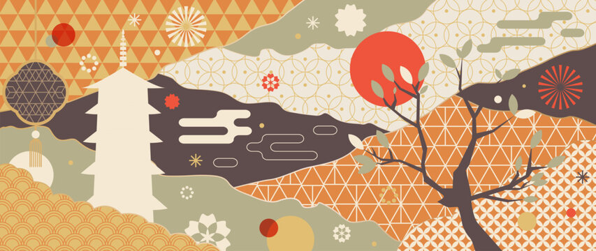 Japanese autumn landscape vector. Pagoda, red sun, mountains, clouds and geometric patterns in orange and beige for wallpaper, fabric, packaging and greeting cards.