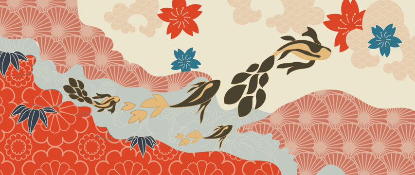 Japanese fish and floral pattern vector. Swimming fish, cherry blossoms, bamboo leaves and traditional geometric motifs in coral, pink and beige for fabric, wallpaper and packaging.