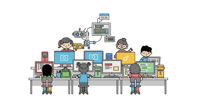 Children learning coding and robotics in a computer lab