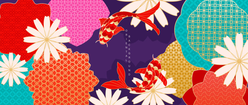 Japanese koi fish and chrysanthemum floral pattern vector. Red and white carp with colorful geometric circles on dark purple background for fabric, wallpaper, packaging and greeting cards.