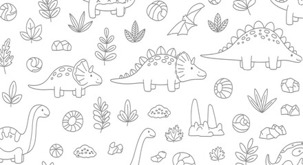 Dinosaur pattern with triceratops stegosaurus and tropical leaves © aldo