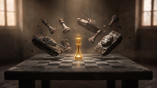 Strategic Golden Chess King Amid Floating Military Tanks on Board