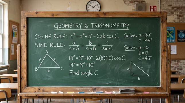 Green chalkboard with math equations. Classroom geometry lesson board.
