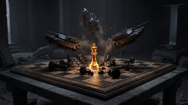 Golden King Chess Piece Defying Military Tanks in Dark Battle Arena