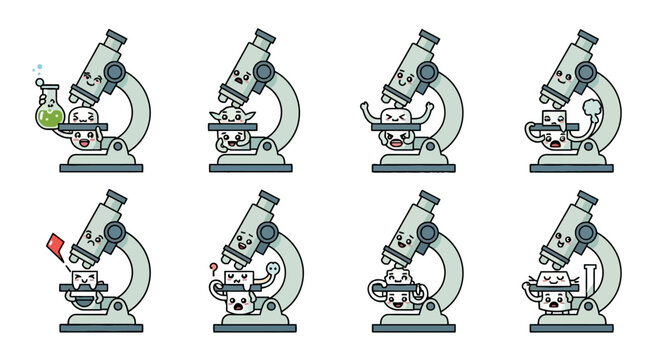 Cute microscope characters with various scientific expressions