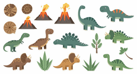 Dinosaur sticker set with various prehistoric animals and volcanoes © aldo