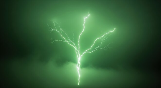 Vibrant Green Lightning Bolt Striking Through Stormy Sky
