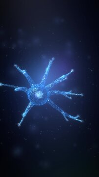 Luminous nerve cell floats vertically as bright signals travel outward through branching dendrites, neuroscience visual built for health reels and brain research content.