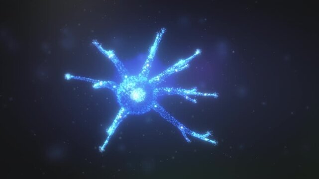 Particle neuron glows in deep space while electric impulses race along its dendrites, brain science animation ideal for neurology explainers and AI technology promos.