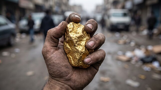 Dirty Hand Holding A Raw Gold Nugget In A Bustling City Street Scene