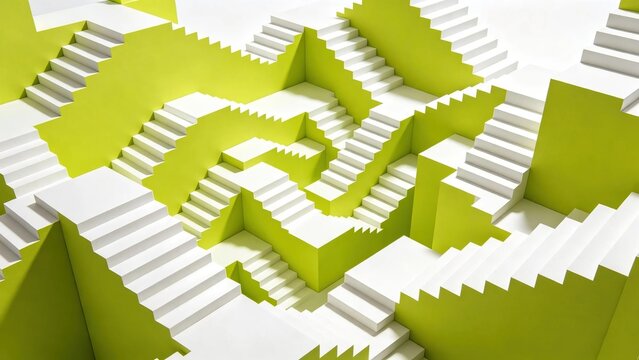 Multiple interconnected white ascending staircases on bright lime green background creates abstract 3d geometric pattern representing business growth and career progress