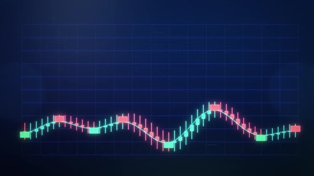 Neon candlestick chart animates a market crash and slow recovery, buy and sell markers firing along a glowing trend line, ideal for fintech ads and trading explainers.