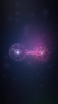 Pink virus particle latches onto a blue host cell and injects glowing genetic material, infection visual made for immunology reels, vaccine explainers and health campaigns.