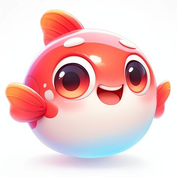 Cute cartoon fish icon with a round shape and big eyes. Cheerful aquatic character design for mobile games and apps. Vibrant mascot illustration of a happy sea animal.