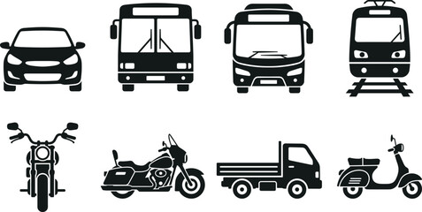 Public transport and city vehicle icons set with car bus train truck motorcycle and scooter silhouette vector © Shukimon