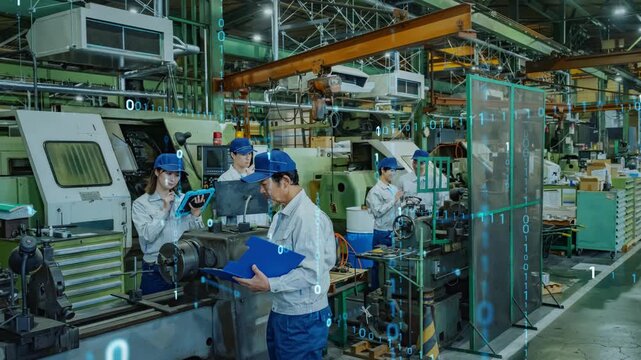 工場で働く人々とデジタルテクノロジー。DX、AI、製造業、産業、機械、エンジニア、未来、FA、IoT