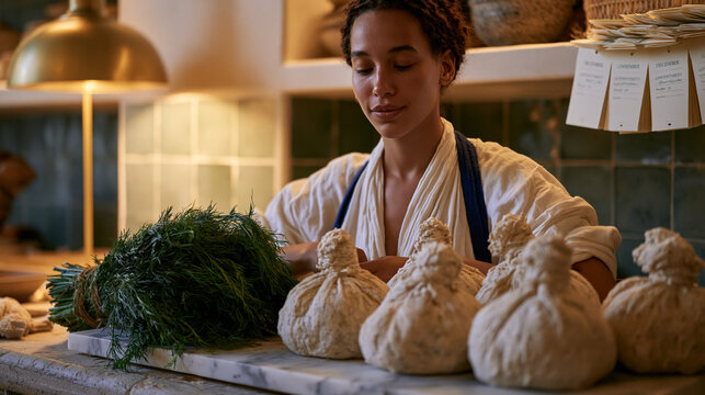 A masseur preparing warm herbal poultice compresses for a solstice spa menu in a tiled preparation kitchen, fresh herbs bundled on a marble slab, December appointment cards fanned