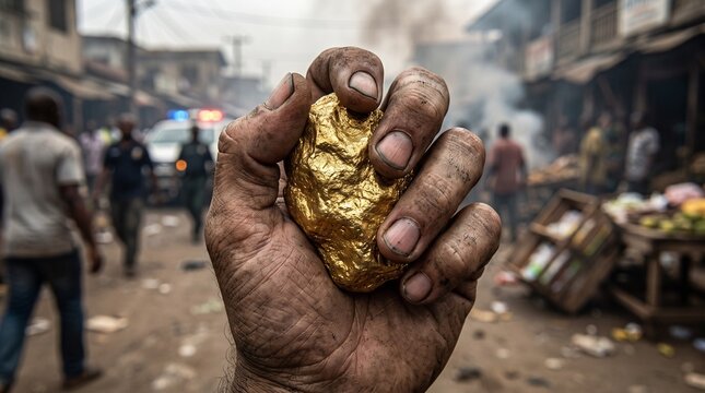 Dirty Hand Gripping a Raw Gold Nugget in a Chaotic Street Scene
