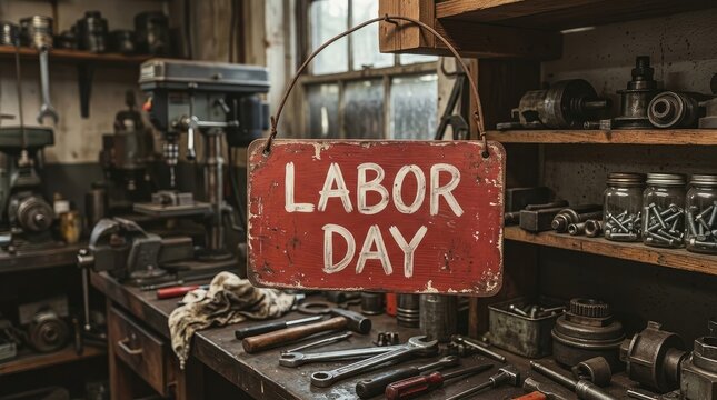 Labor Day sign in a workshop. Holiday celebration in a garage.