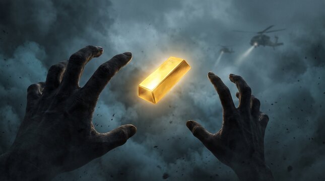 Creepy Hands Reaching Out for a Glowing Gold Bar in Stormy Sky