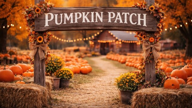 Rustic autumn pumpkin patch scene.