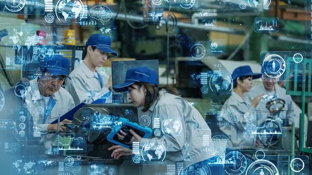 工場で働く人々とデジタルテクノロジー。DX、産業、製造業、人材、エンジニア、機械、システム、AI