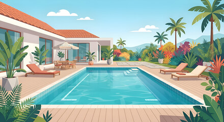 Fototapeta premium Luxurious tropical villa with swimming pool, wooden deck, and lush garden, sunny summer vacation resort architecture