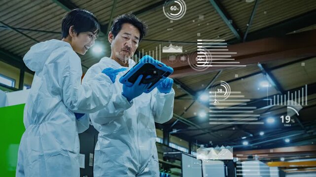 工場で働く人々と統計データ。産業、製造業、工業、人材、エンジニア、DX、AI、システム、グラフ、分析