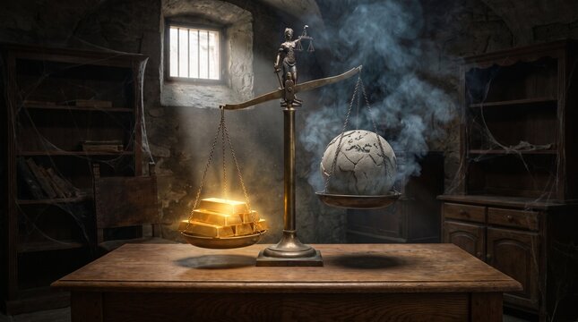 Scales of justice balancing glowing gold bars against a smoky globe
