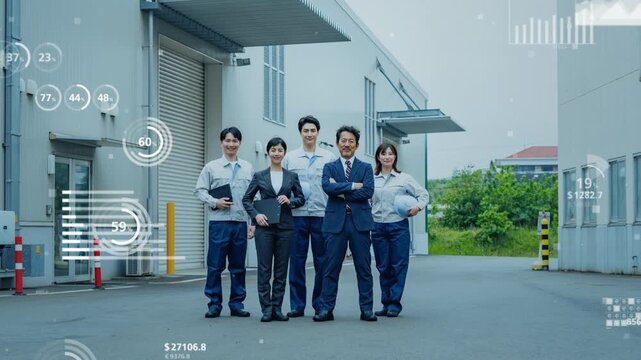 工場で働く人々とビジネスデータ。経営、経済、産業、人材、製造業、物流、倉庫、企業、分析、統計、建設
